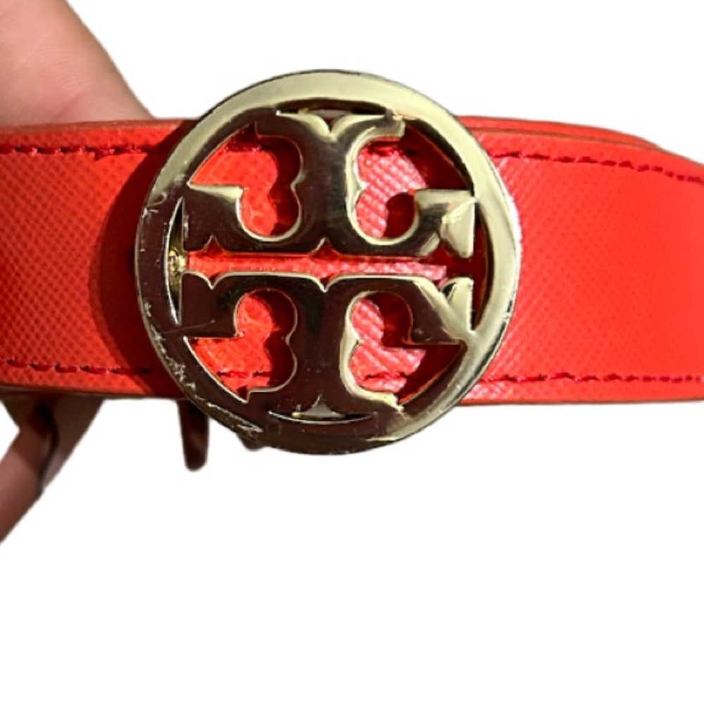 Tory Burch 1” Red Saffiano Leather Logo Belt with Gold Buckle
